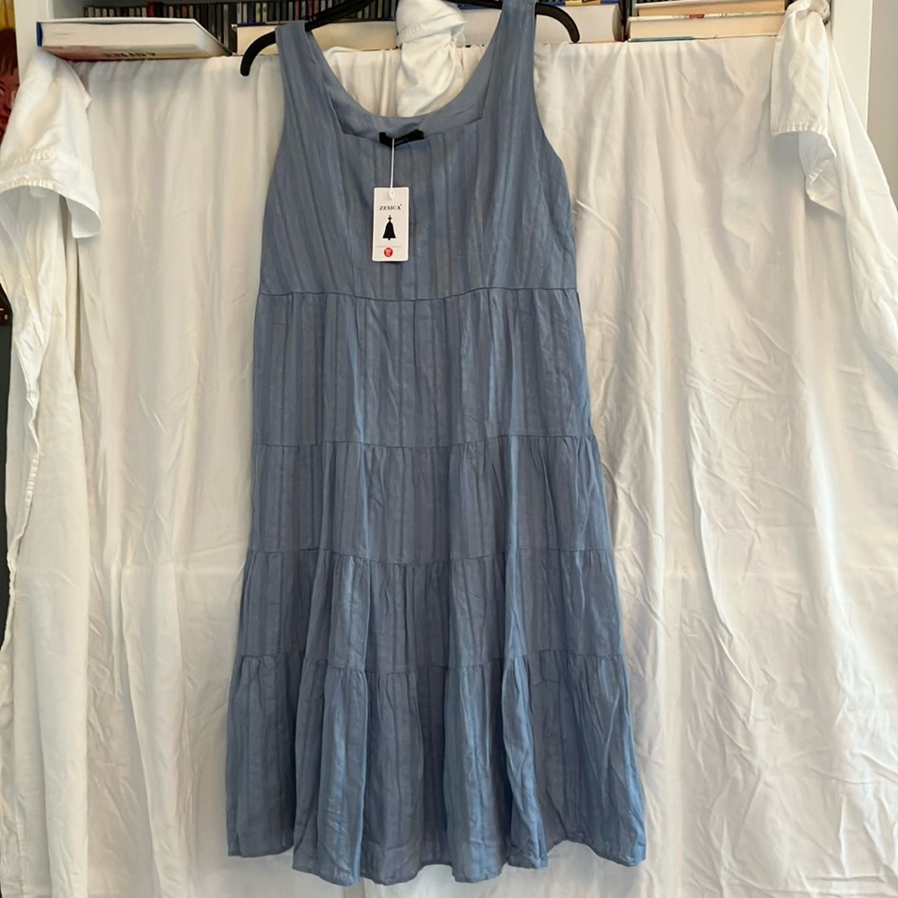 Gray/Blue Sleeveless Tiered Midi/Maxi Cotton Sundress NWT